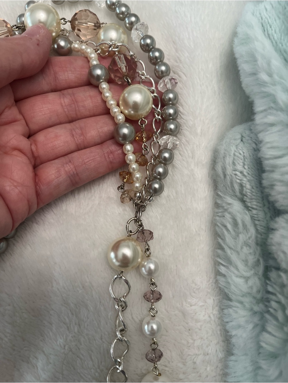 Layered Pearl and Crystal Multi-Strand Necklace - Silver & Cream - Picture 5 of 5